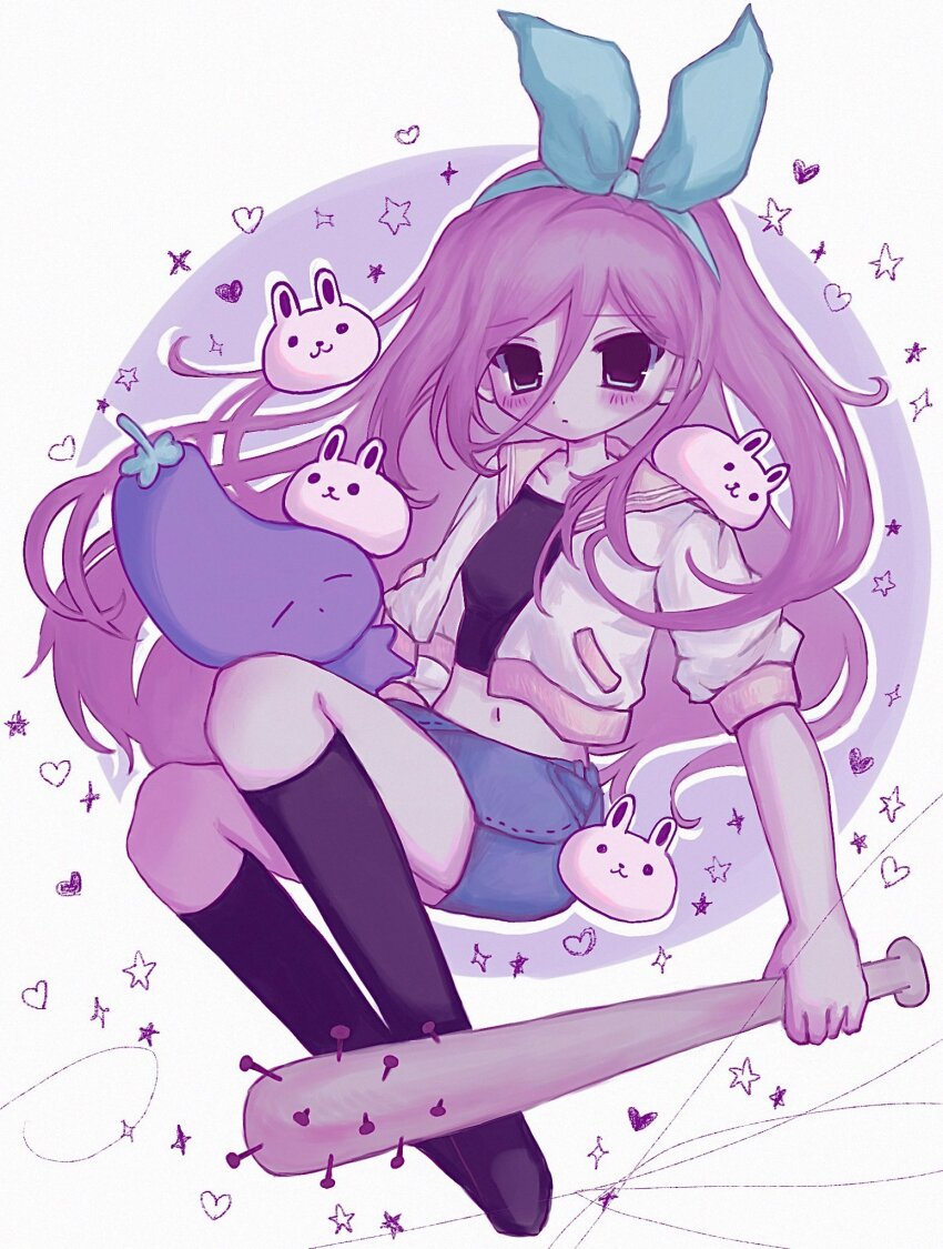 1girl, aubrey_(faraway)_(omori), aubrey_(omori), baseball_bat, black_socks, blue_hairband, blue_skirt, blush