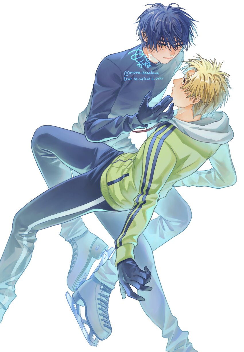 2boys, absurdres, akeuraji_tsukasa, artist_name, black_gloves, black_hair, black_pants, blonde_hair