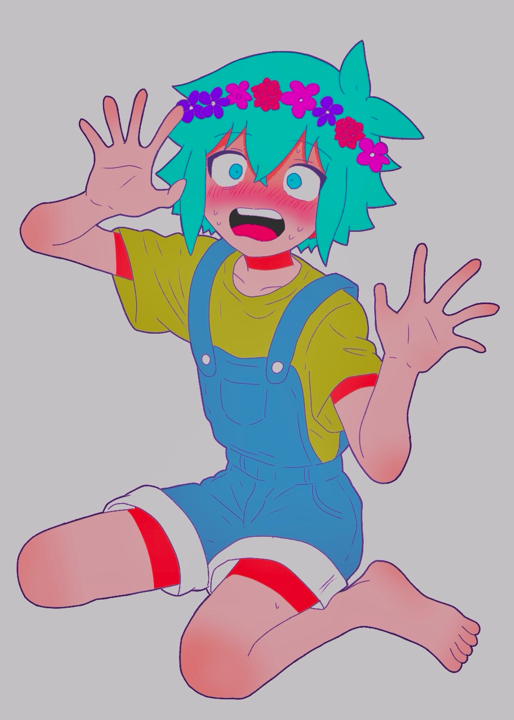 1boy, antenna_hair, basil_(headspace)_(omori), basil_(omori), blue_overalls, blush, flower, full-face_blush