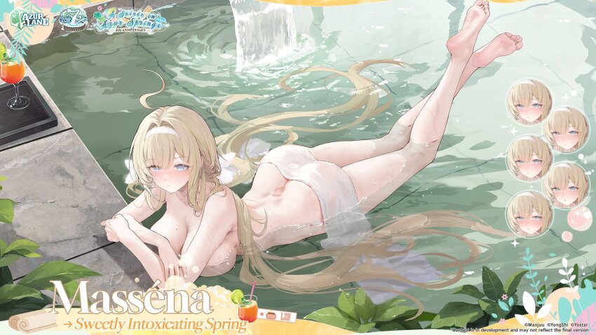 1girl, ahoge, alcohol, artist_request, ass, azur_lane, barefoot, blonde_hair