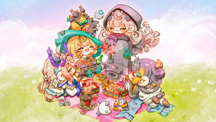 4girls, :3, :d, aloupeep_(enna_alouette), animal_hood, bell, bento, black_hair