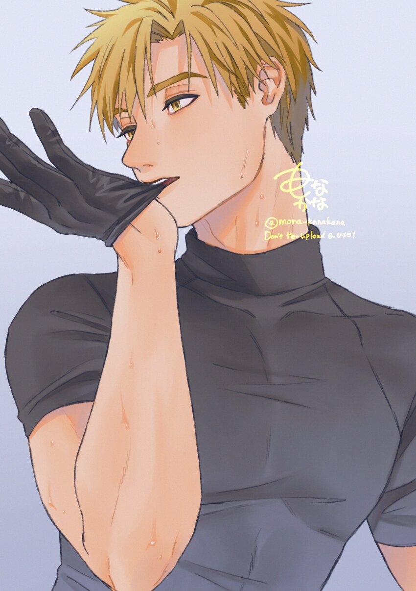 1boy, absurdres, akeuraji_tsukasa, artist_name, black_shirt, blonde_hair, copyright_request, highres, male_focus, medalist_(manga), mona_kanakana, muscular, muscular_male, shirt, signature, sweat, sweatdrop, yellow_eyes