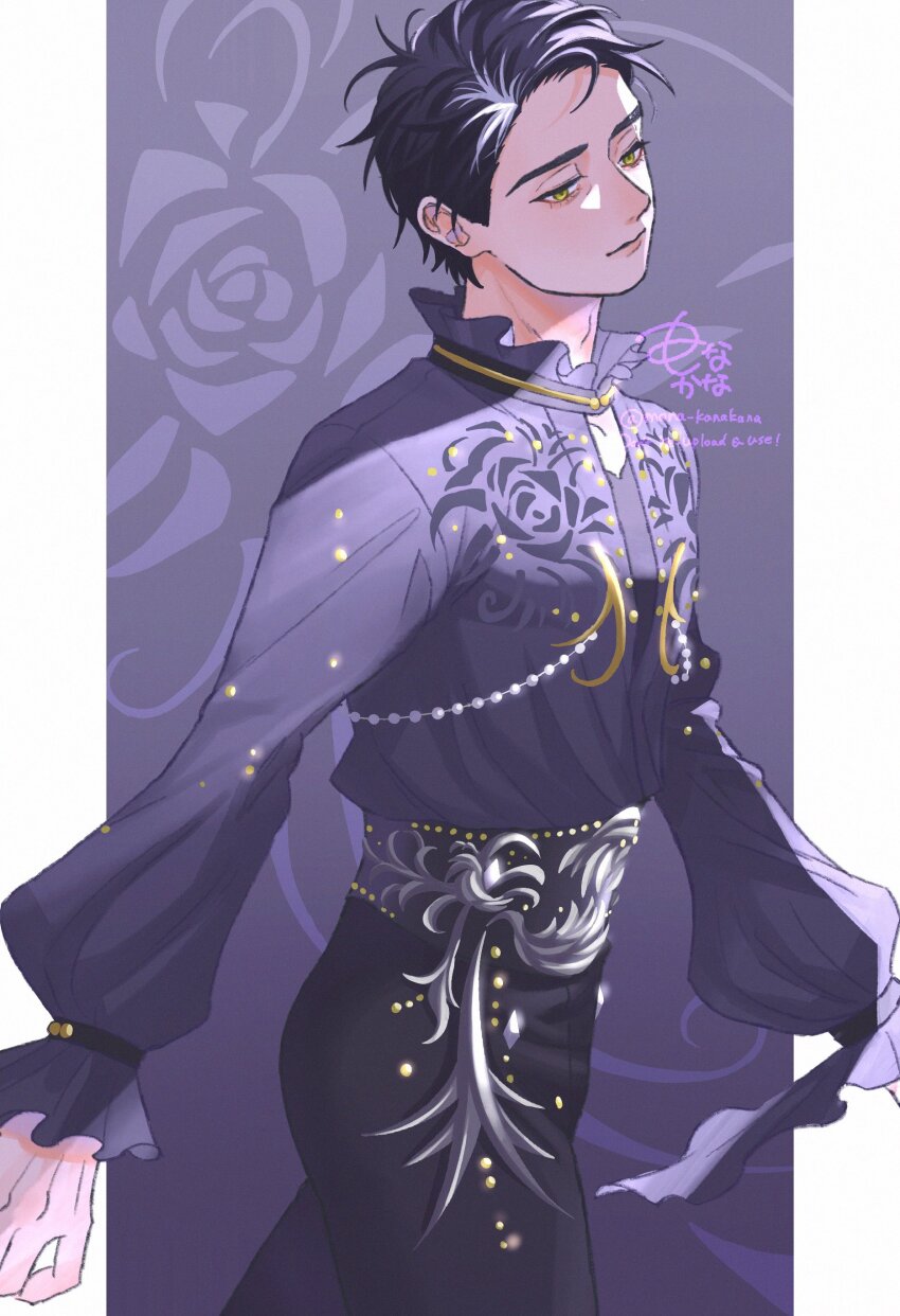 1boy, absurdres, artist_name, black_hair, black_pants, copyright_request, embroidery, floral_embroidery