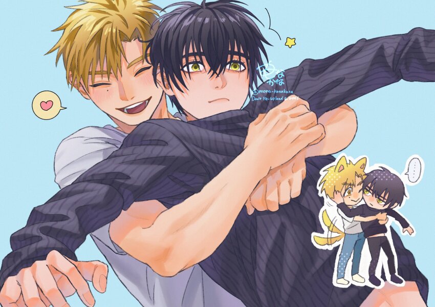 2boys, akeuraji_tsukasa, animal_ears, artist_name, black_hair, black_shirt, blonde_hair, blue_background, copyright_request, dog_ears, dog_tail, heart, highres, hug, hug_from_behind, male_focus, medalist_(manga), mona_kanakana, multiple_boys, shirt, tail, white_shirt, yaoi, yellow_eyes, yodaka_jun