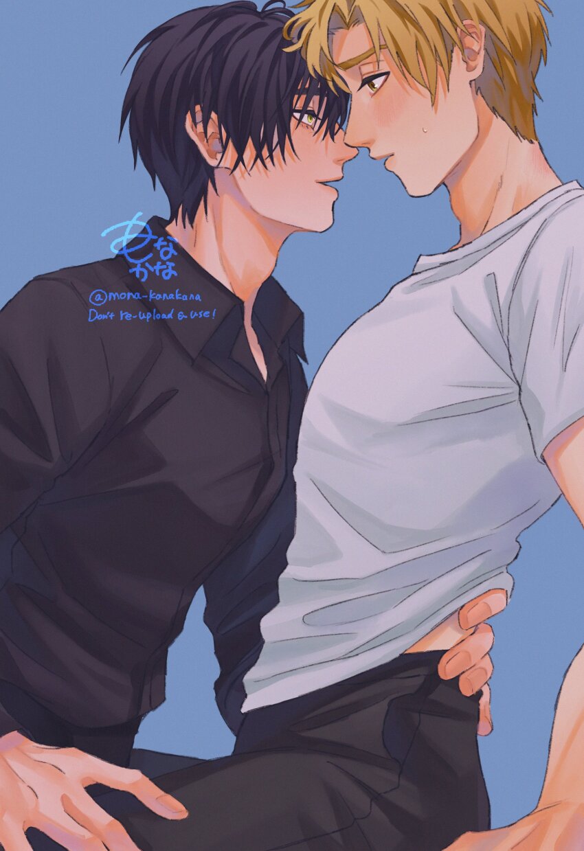 2boys, absurdres, akeuraji_tsukasa, artist_name, black_hair, black_pants, black_shirt, blonde_hair, blue_background, blush, hand_on_own_hip, highres, imminent_kiss, male_focus, medalist_(manga), mona_kanakana, multiple_boys, pants, shirt, white_shirt, yaoi, yellow_eyes, yodaka_jun