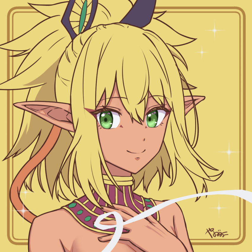 1girl, bare_shoulders, blonde_hair, close-up, closed_mouth, dark-skinned_female, dark_elf, dark_skin