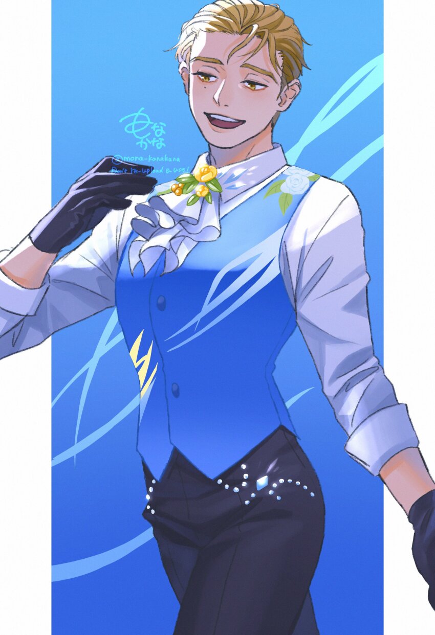 1boy, absurdres, akeuraji_tsukasa, artist_name, black_gloves, black_pants, blonde_hair, blue_background