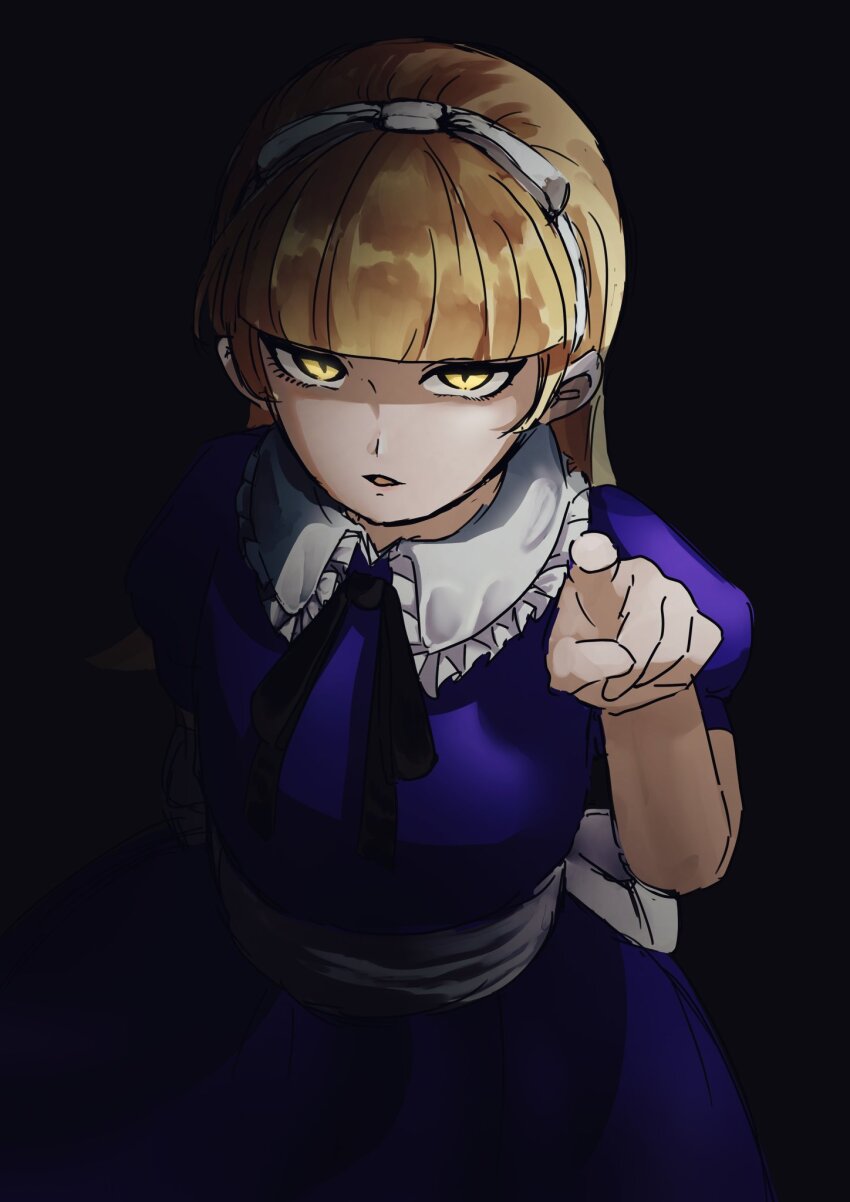 1girl, alice_(megami_tensei), black_background, blonde_hair, blue_dress, blunt_bangs, bow, bow_hairband, commentary_request, demon_(megami_tensei), dress, hairband, highres, long_hair, madwudaitai, open_mouth, partially_shaded_face, pointing, pointing_at_viewer, shin_megami_tensei, simple_background, slit_pupils, solo, white_bow, white_hairband, yellow_eyes