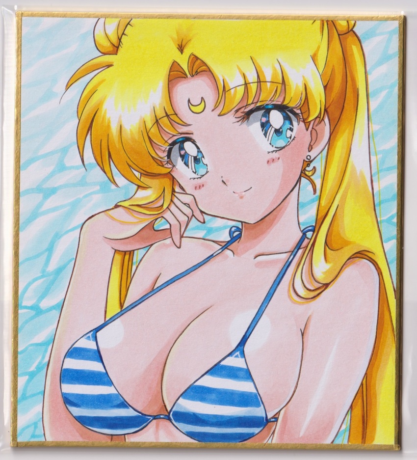 1girl, bikini, bishoujo_senshi_sailor_moon, blonde_hair, blue_bikini, blue_eyes, breasts, chikoto_(kztc4472)