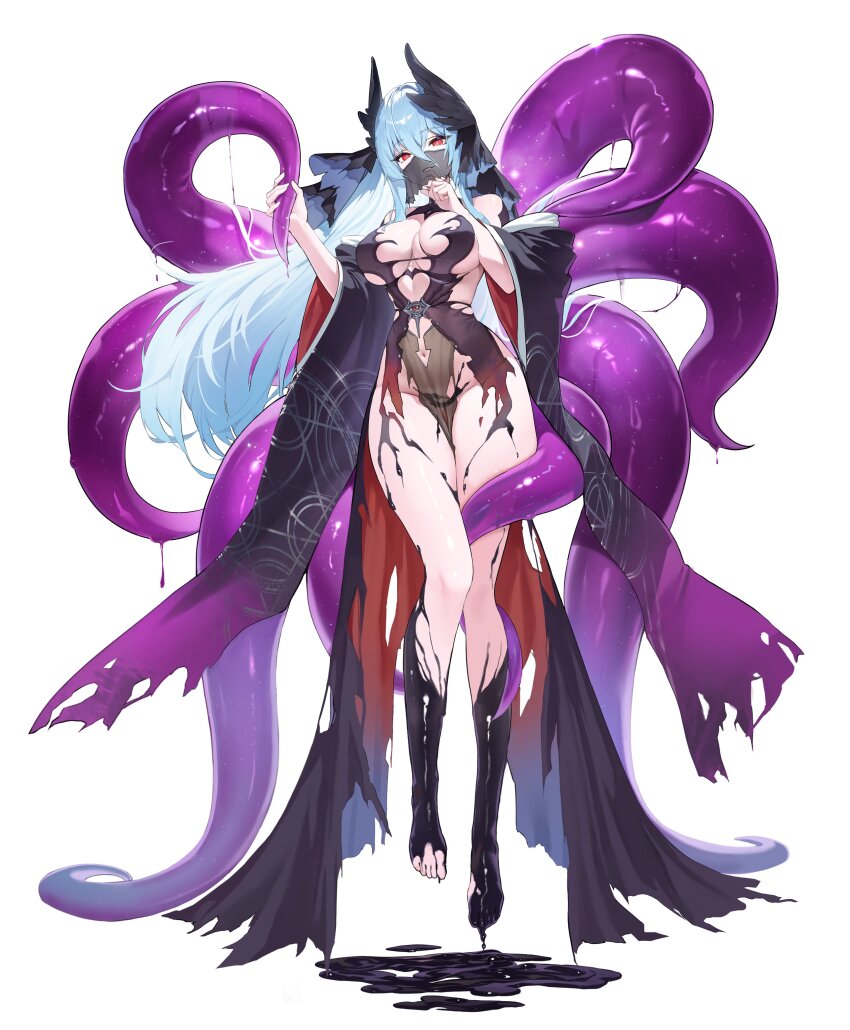 1girl, absurdres, black_liquid, black_wings, blue_hair, breasts, cleavage, curvy