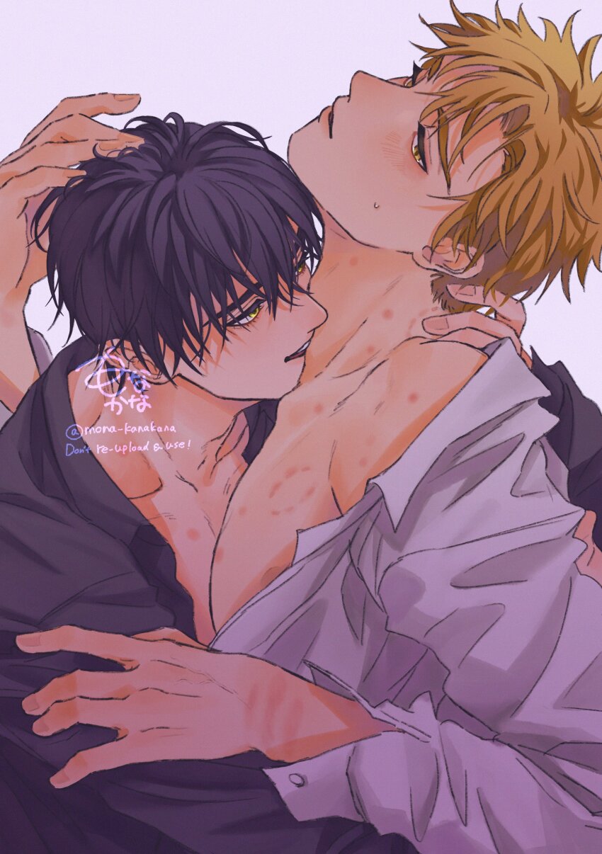 2boys, absurdres, akeuraji_tsukasa, artist_name, bite_mark, biting, black_hair, black_shirt