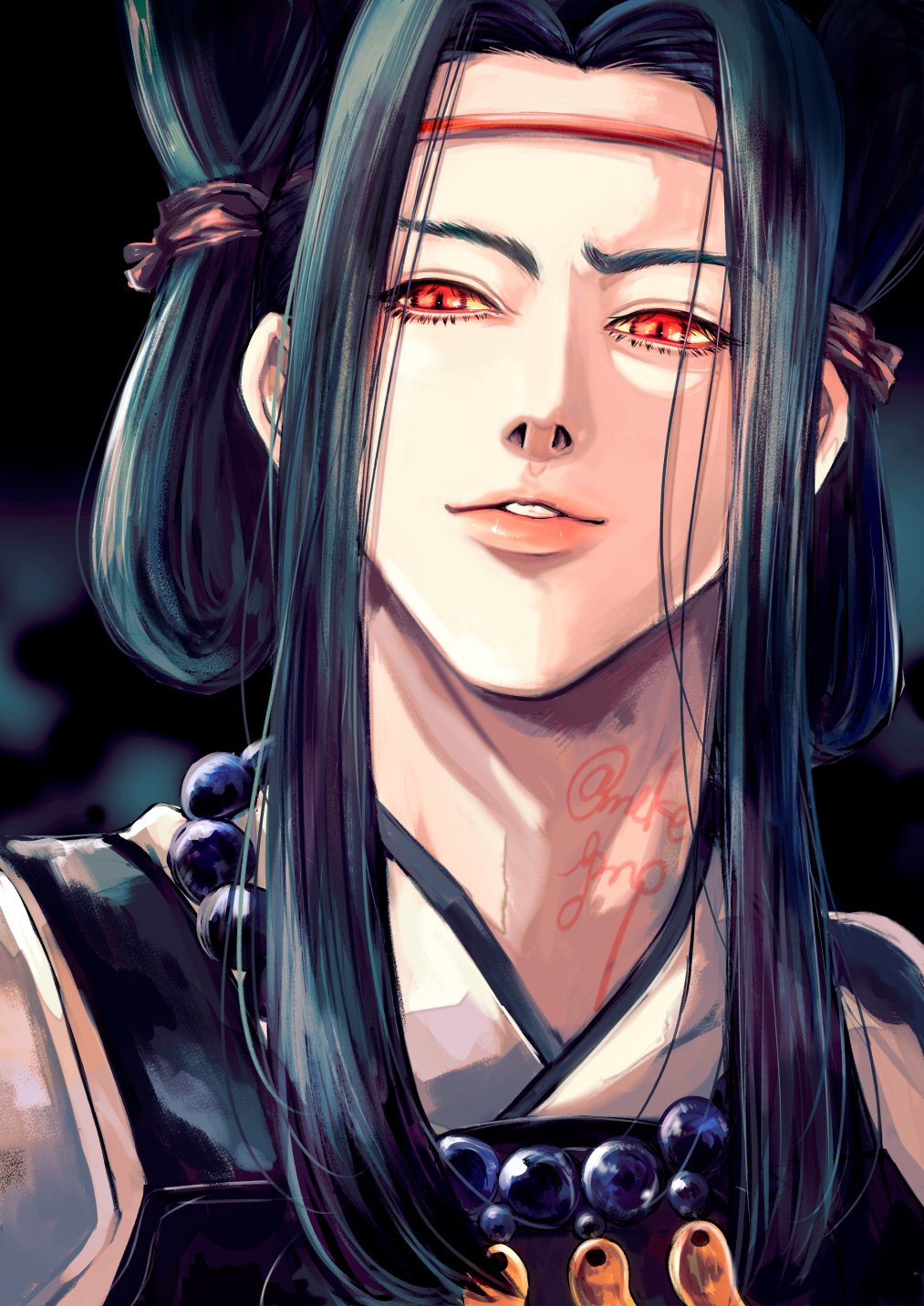 1boy, bead_necklace, beads, black_hair, commentary_request, demon_(megami_tensei), eyelashes, hair_rings, highres, jewelry, male_focus, meke_e_gmp, mizura, necklace, okuninushi_(megami_tensei), parted_lips, pink_lips, red_eyes, shin_megami_tensei, sidelocks, slit_pupils, solo, upper_body