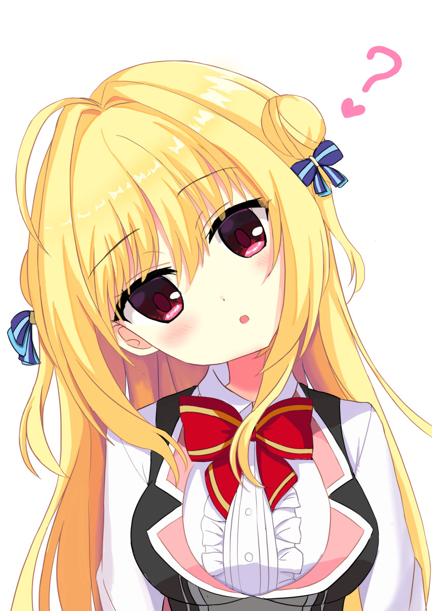 1girl, :o, ?, ahoge, blonde_hair, blue_bow, blush, bow
