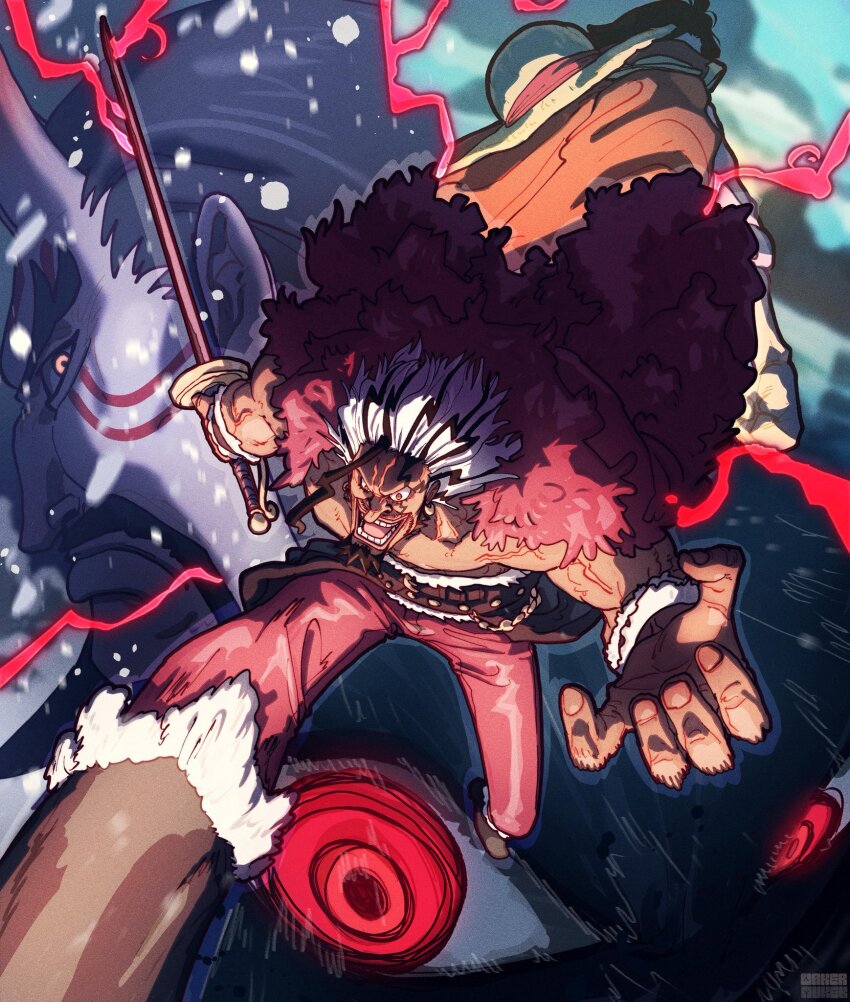 3boys, black_hair, gol_d._roger, grey_hair, haki_(one_piece), harald_(one_piece), hat, highres, holding, holding_sword, holding_weapon, jumping, multicolored_hair, multiple_boys, one_piece, pants, rocks_d._xebec, serious, short_hair, smile, solo_focus, straw_hat, streaked_hair, sword, taku_(aywakutakuay), topless_male, two-tone_hair, weapon