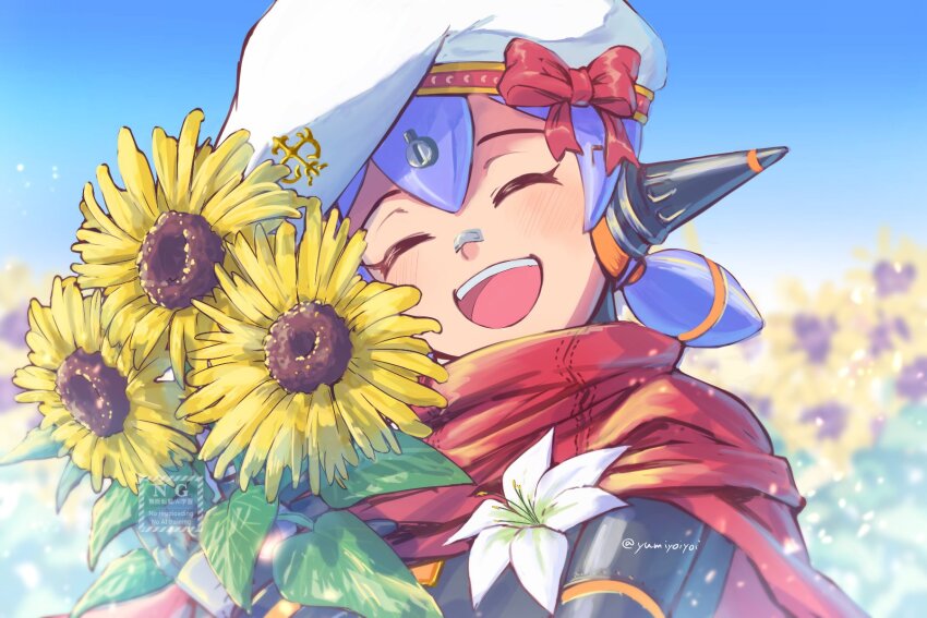 1girl, ^_^, artist_name, blue_hair, blurry, blurry_background, bow, closed_eyes