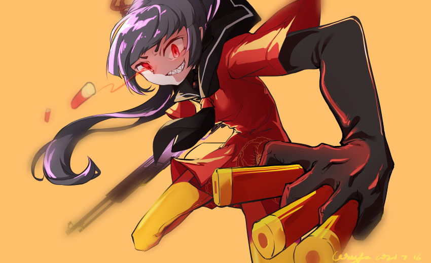 1girl, absurdres, alice_soft, ammunition, balsamico_su, black_gloves, black_hair, black_neckerchief