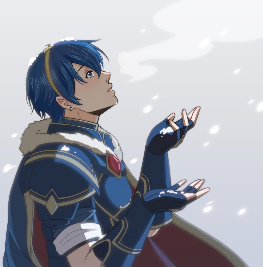 1boy, armor, blue_cape, blue_eyes, blue_gloves, blue_hair, blush, cape