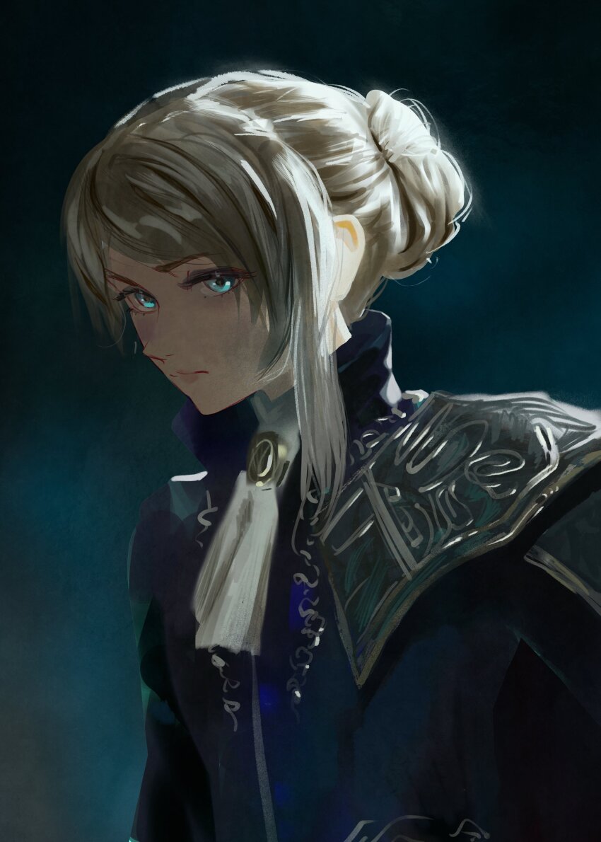 1girl, absurdres, ascot, blonde_hair, blue_eyes, blush, crisslioo, duchess_(elden_ring)