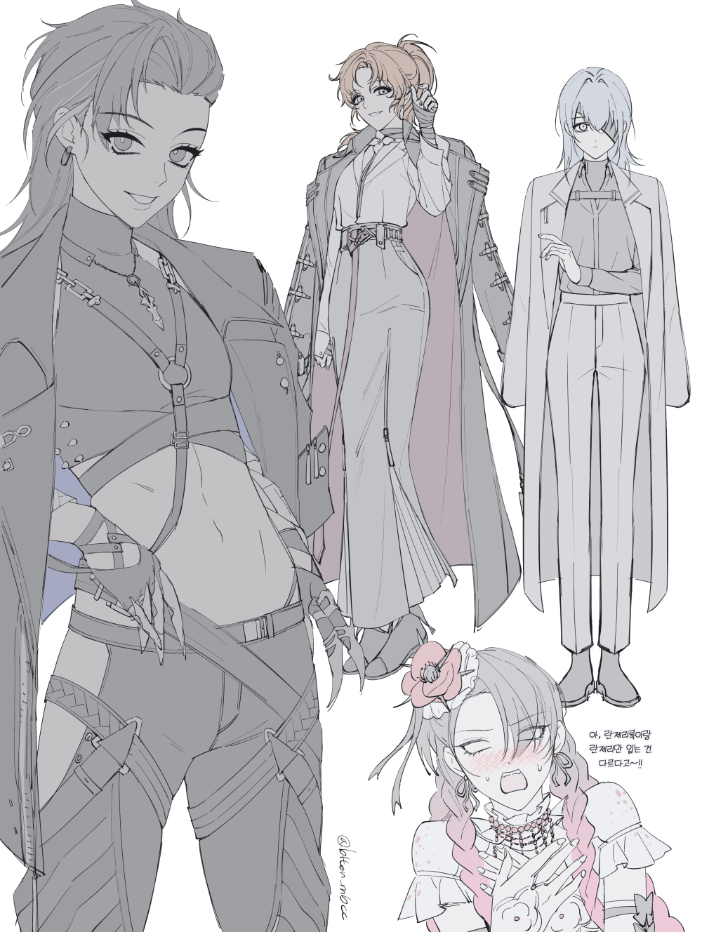 4girls, :d, belt, black_boots, black_coat, black_eyes, black_gloves, black_hair