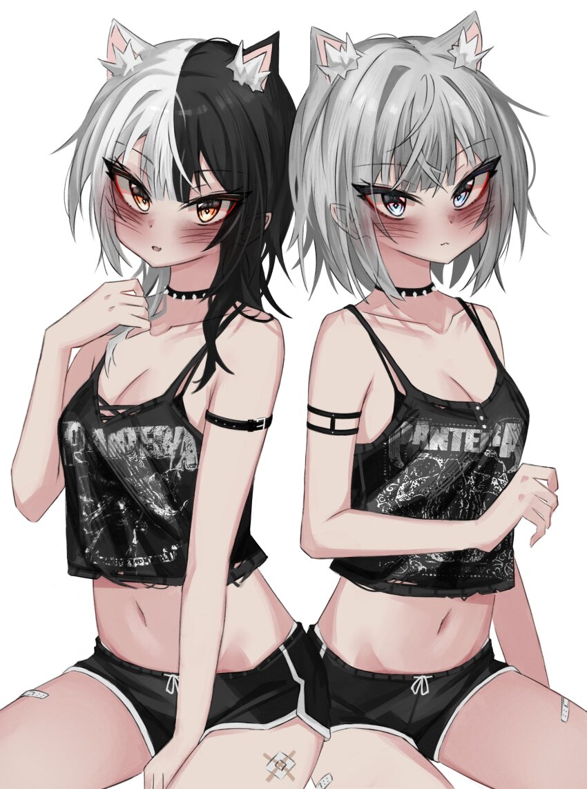 absurdres, akarinnndesu, animal_ears, arm_strap, band_shirt, bandaid, bandaid_on_leg, black_camisole