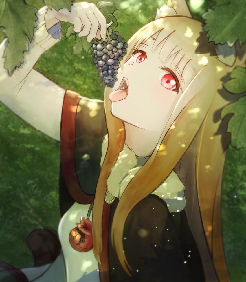 1girl, animal_ear_fluff, animal_ears, arm_up, breasts, brown_capelet, brown_hair, capelet, day, eyelashes, food, fruit, fur_scarf, grapes, green_background, head_back, highres, holo, long_hair, long_sleeves, looking_at_viewer, makitekka, open_mouth, outdoors, pouch, red_eyes, shirt, sidelocks, small_breasts, solo, spice_and_wolf, tongue, tongue_out, upper_body, very_long_hair, white_shirt, wolf_ears, wolf_girl