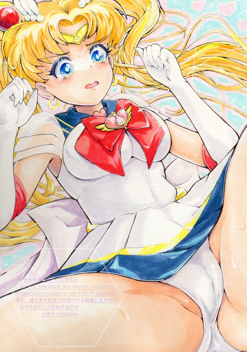 1girl, absurdres, bishoujo_senshi_sailor_moon, bishoujo_senshi_sailor_moon_supers, blonde_hair, blue_eyes, blue_sailor_collar, blush, bow, brooch, choker, circlet, crescent, crescent_earrings, crisis_moon_compact, double_bun, earrings, elbow_gloves, gloves, hair_bun, hair_ornament, heart, heart_brooch, heart_choker, highres, jewelry, long_hair, magical_girl, marker_(medium), multicolored_skirt, panties, pantyshot, red_bow, sailor_collar, sailor_moon, sailor_senshi_uniform, shirt, skirt, super_sailor_moon, traditional_media, tsukino_usagi, twintails, underwear, very_long_hair, white_gloves, white_panties, white_shirt, yanaginosita, yellow_choker
