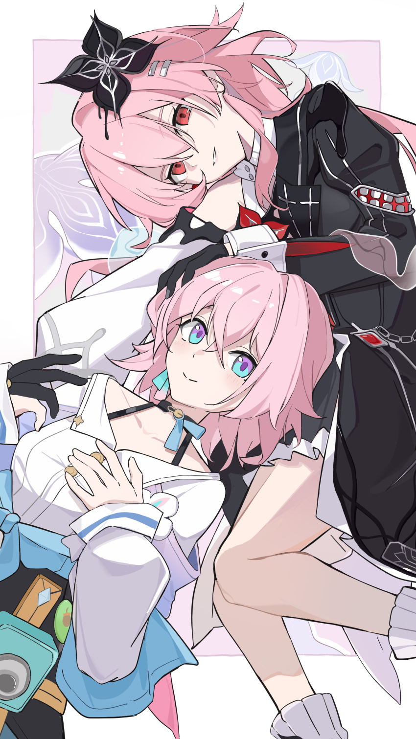 2girls, absurdres, black_dress, blue_eyes, bra_strap, dress, dual_persona, evernight_(honkai:_star_rail)