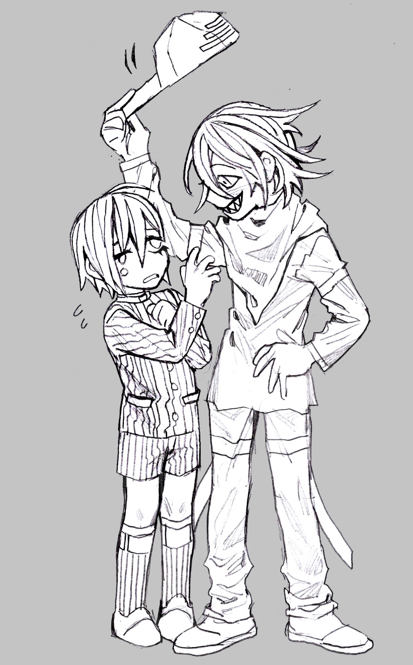 2boys, aged_down, ahoge, baseball_cap, bullying, clothes_theft, commentary, danganronpa_(series), danganronpa_v3:_killing_harmony, english_commentary, grey_background, greyscale, hat, hat_theft, height_difference, highres, monochrome, multiple_boys, oma_kokichi, pinstripe_pattern, pinstripe_shirt, pinstripe_shorts, pinstripe_socks, saihara_shuichi, scarf, sharp_teeth, shirt, tears, teeth, theft, ubuuugreenie