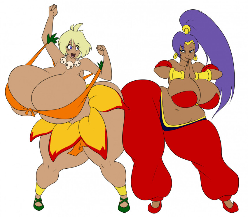 2girls, ass-to-ass, bare_shoulders, blue_eyes, breasts, cleavage, curvy, dark-skinned_female