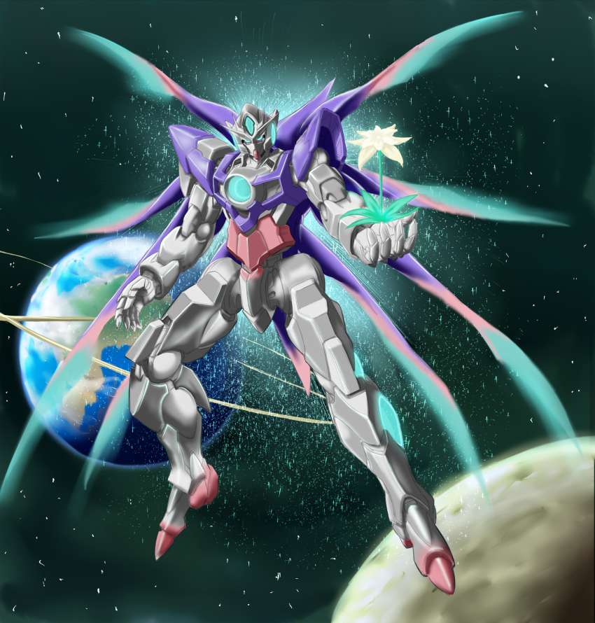 00_qan[t], 00s, earth_(planet), els, flower, gundam, gundam_00, gundam_00_a_wakening_of_the_trailblazer, highres, light, mecha, no_humans, planet, prometheus765, rabinidaddo, robot, space, spoilers, wings