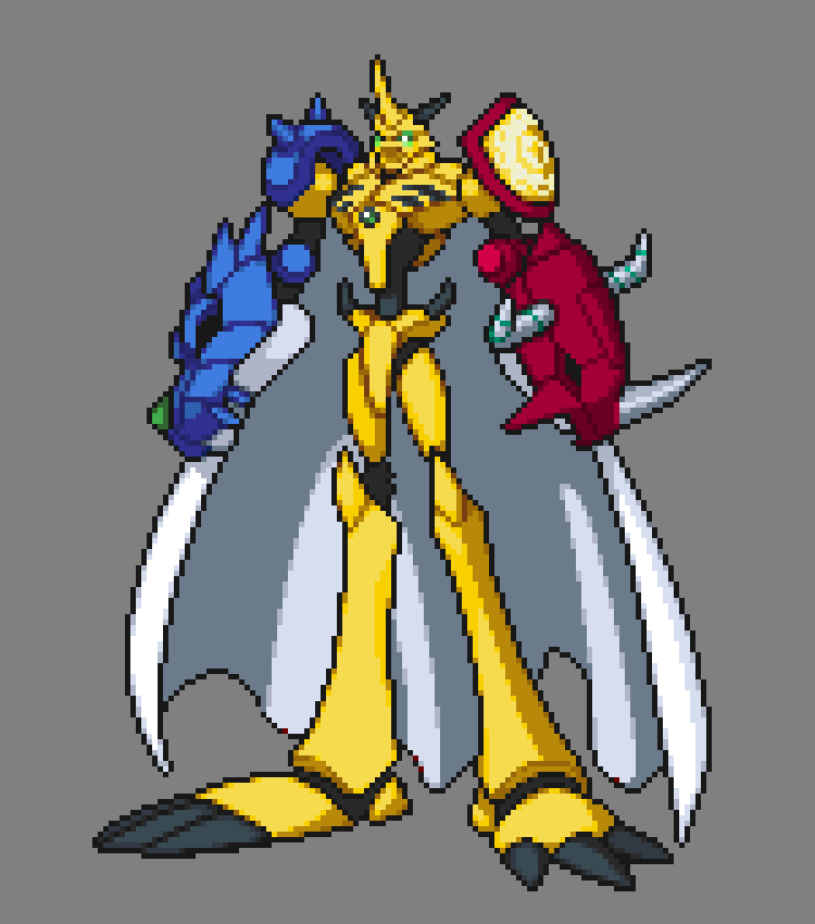 cape, digimon, digimon_(creature), digimon_rearise, gamer5020, green_eyes, grey_background, horns