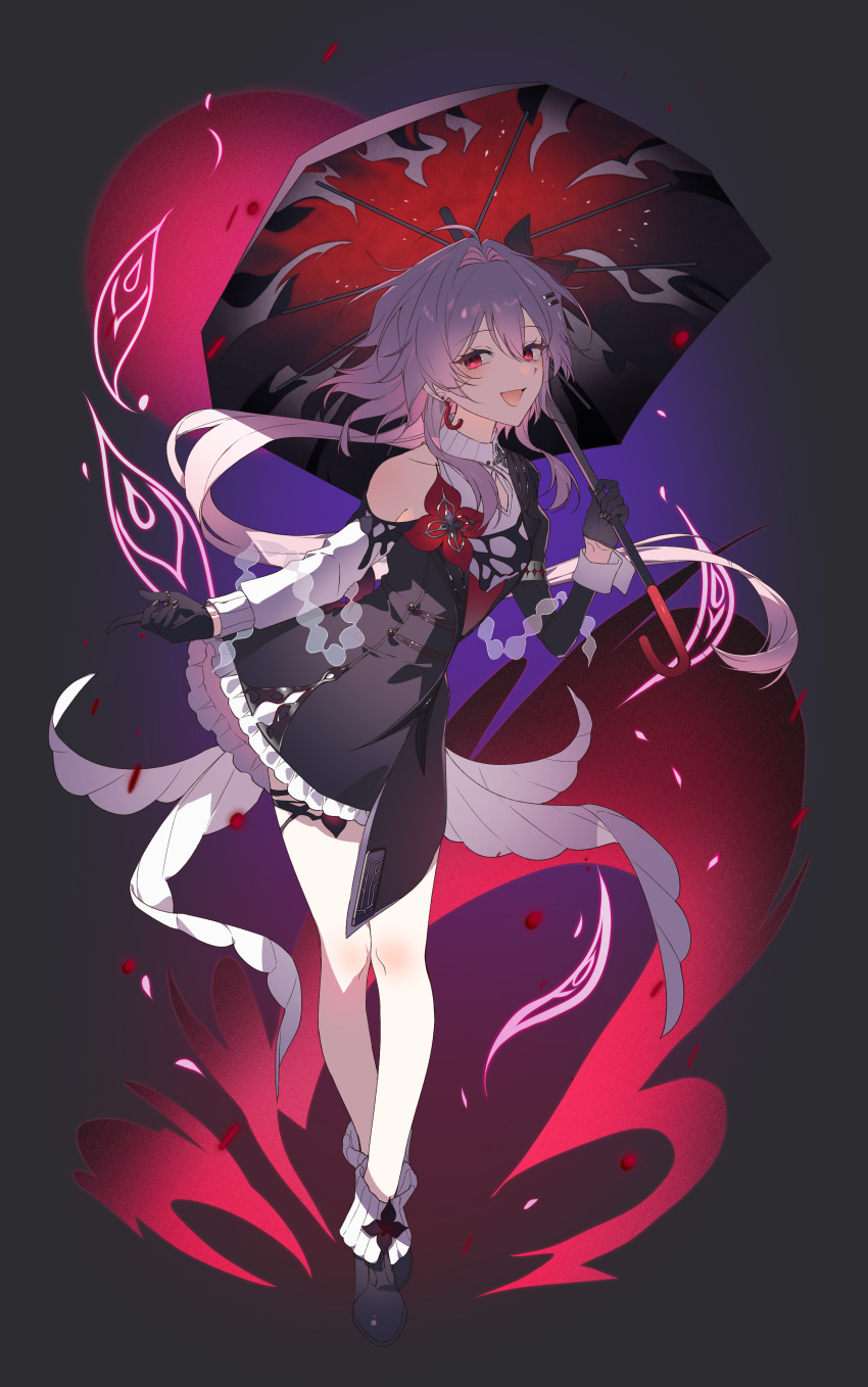 1girl, :d, absurdres, black_dress, black_gloves, black_shoes, commentary, diml1ght