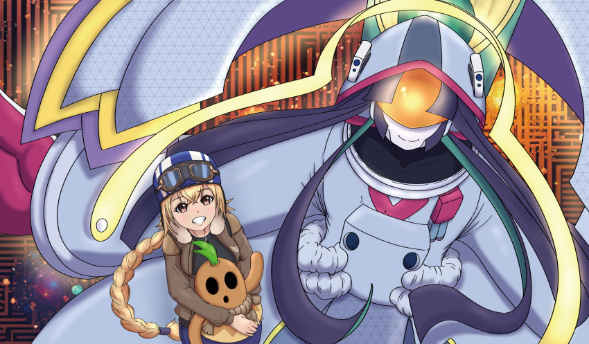 absurdres, blonde_hair, chedx, digimon, digimon_(creature), digimon_liberator, expressionless, goggles, goggles_on_head, hanimon, haniwa_(statue), hat, highres, jacket, kaguyamon, kinosaki_mirai, looking_at_viewer, smile, spacesuit
