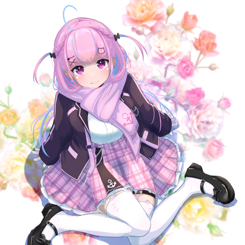 1girl, absurdres, ahoge, anchor_symbol, animal_ear_legwear, belt, black_bow, black_jacket, black_shoes, blue_hair, blue_nails, blunt_bangs, bow, braid, cat_ear_legwear, cat_hair_ornament, closed_mouth, enpera, flower, footwear_bow, full_body, hair_bow, hair_ornament, hairclip, highres, hololive, jacket, long_sleeves, looking_at_viewer, mary_janes, minato_aqua, minato_aqua_(school_uniform), mizu_kiseru, multicolored_hair, open_clothes, open_jacket, pink_belt, pink_flower, pink_scarf, pink_skirt, pink_trim, plaid_clothes, plaid_skirt, pleated_skirt, purple_eyes, purple_hair, scarf, school_uniform, shirt, shoes, sitting, skirt, smile, solo, streaked_hair, thighhighs, twin_braids, two_side_up, virtual_youtuber, white_background, white_shirt, white_thighhighs, x_hair_ornament, yellow_flower