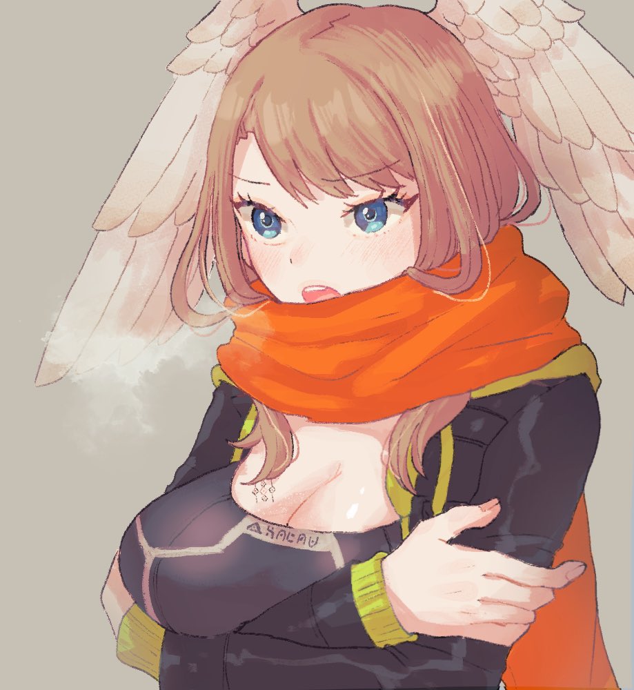 1girl, blue_eyes, breast_tattoo, breasts, breath, brown_hair, chomo_(engawaparty), cleavage