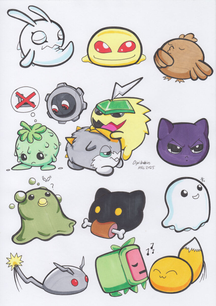 bibimon, black_eyes, bone, botamon, bubbmon, choromon, closed_eyes, digimon, digimon_(creature), food, highres, keemon, kohagurumon, meat, mightyray, monimon, pitchmon, poyomon, pusurimon, relemon, sweat, tail, torikaraballmon, treadmill, zurumon