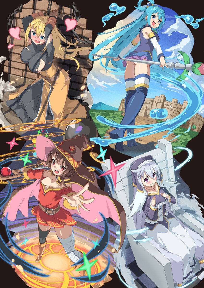 4girls, :d, aqua_(konosuba), arms_up, ass, asymmetrical_legwear, bandaged_leg, bandages