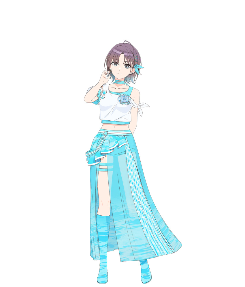 asakura_toru, bare_shoulders, blue_skirt, boots, clear_marine_calm_(idolmaster), earrings, gradient_hair, hair_ornament