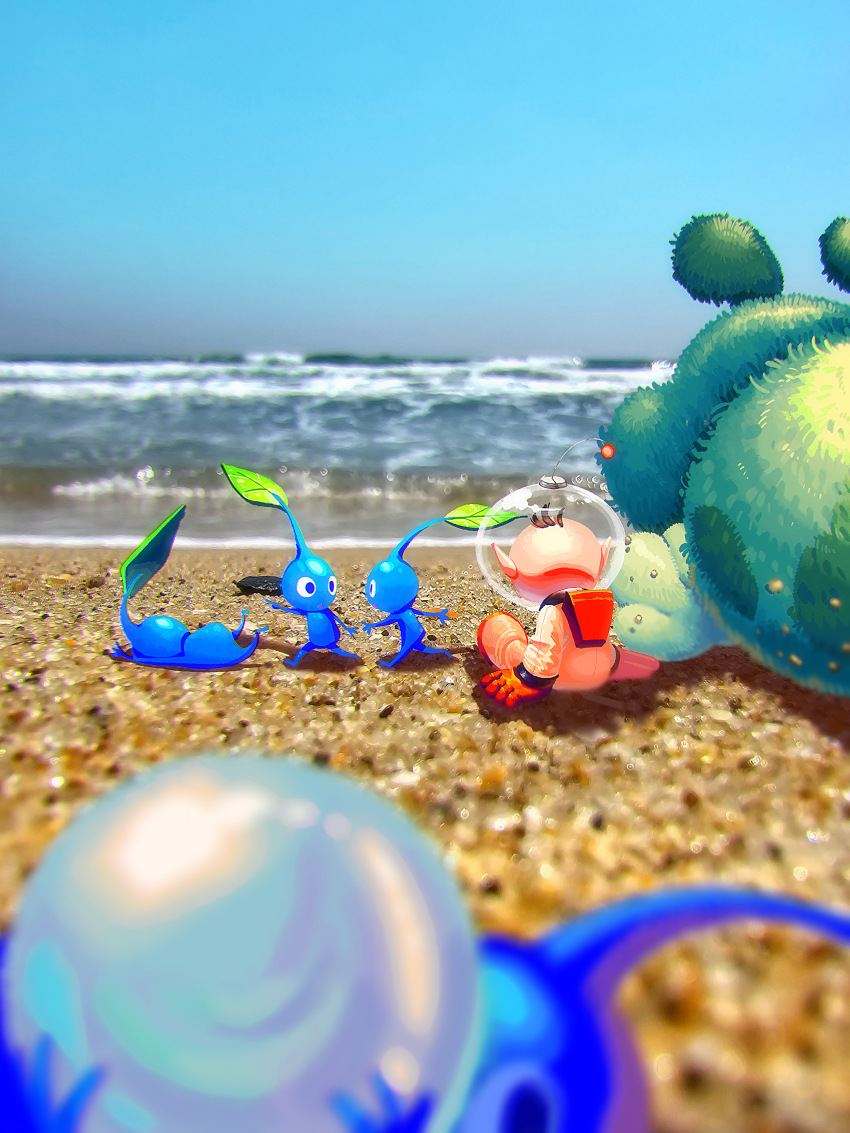 1boy, absurdres, animal, backpack, bag, beach, black_eyes, blue_pikmin