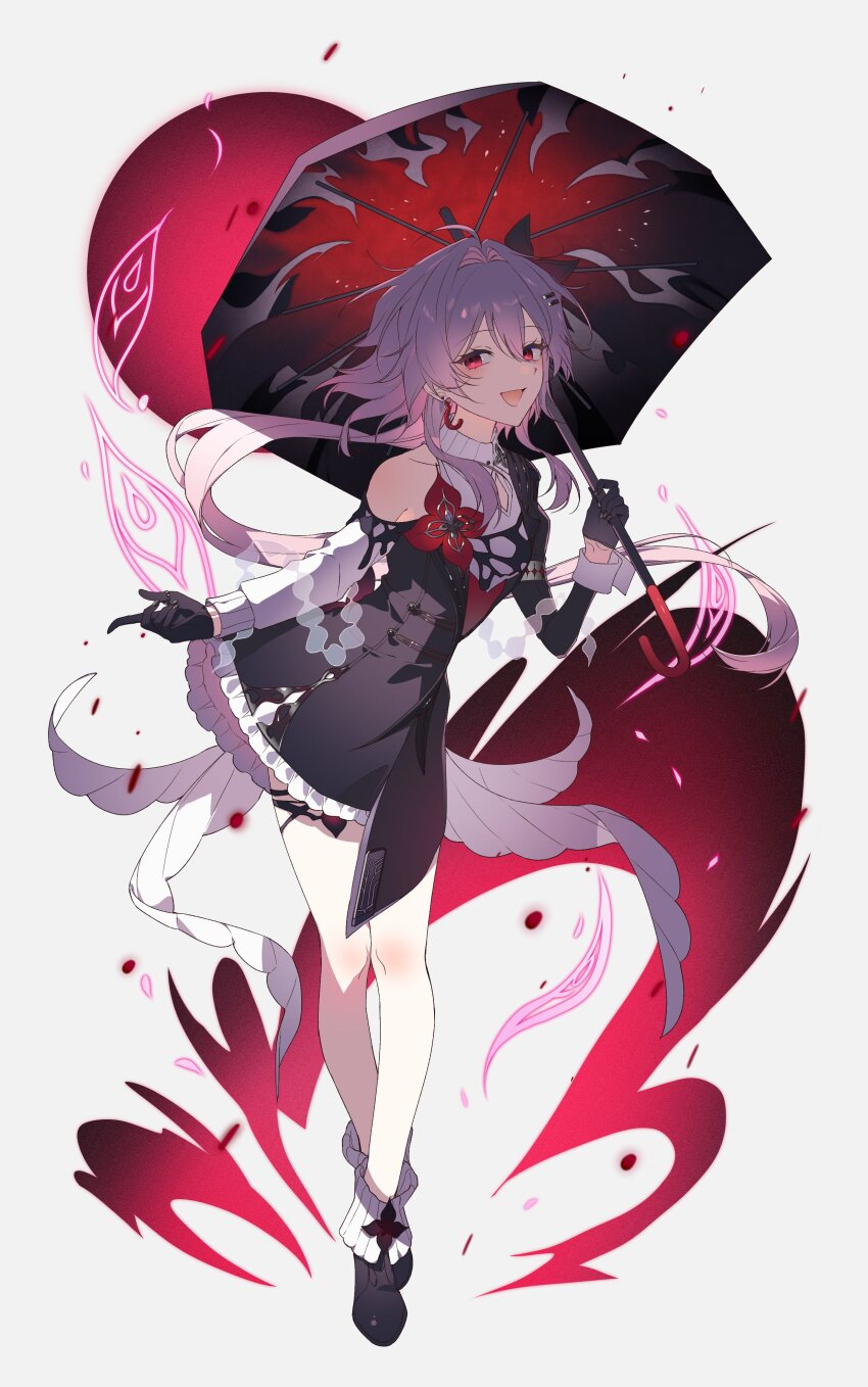 1girl, :d, absurdres, black_dress, black_gloves, commentary, diml1ght, dress, evernight_(honkai:_star_rail), flower, full_body, gloves, grey_background, hair_between_eyes, hair_flower, hair_ornament, highres, holding, holding_umbrella, honkai:_star_rail, honkai_(series), long_hair, long_sleeves, looking_at_viewer, march_7th_(honkai:_star_rail), official_alternate_costume, official_alternate_eye_color, open_mouth, pink_hair, red_eyes, simple_background, single_bare_shoulder, smile, solo, standing, umbrella