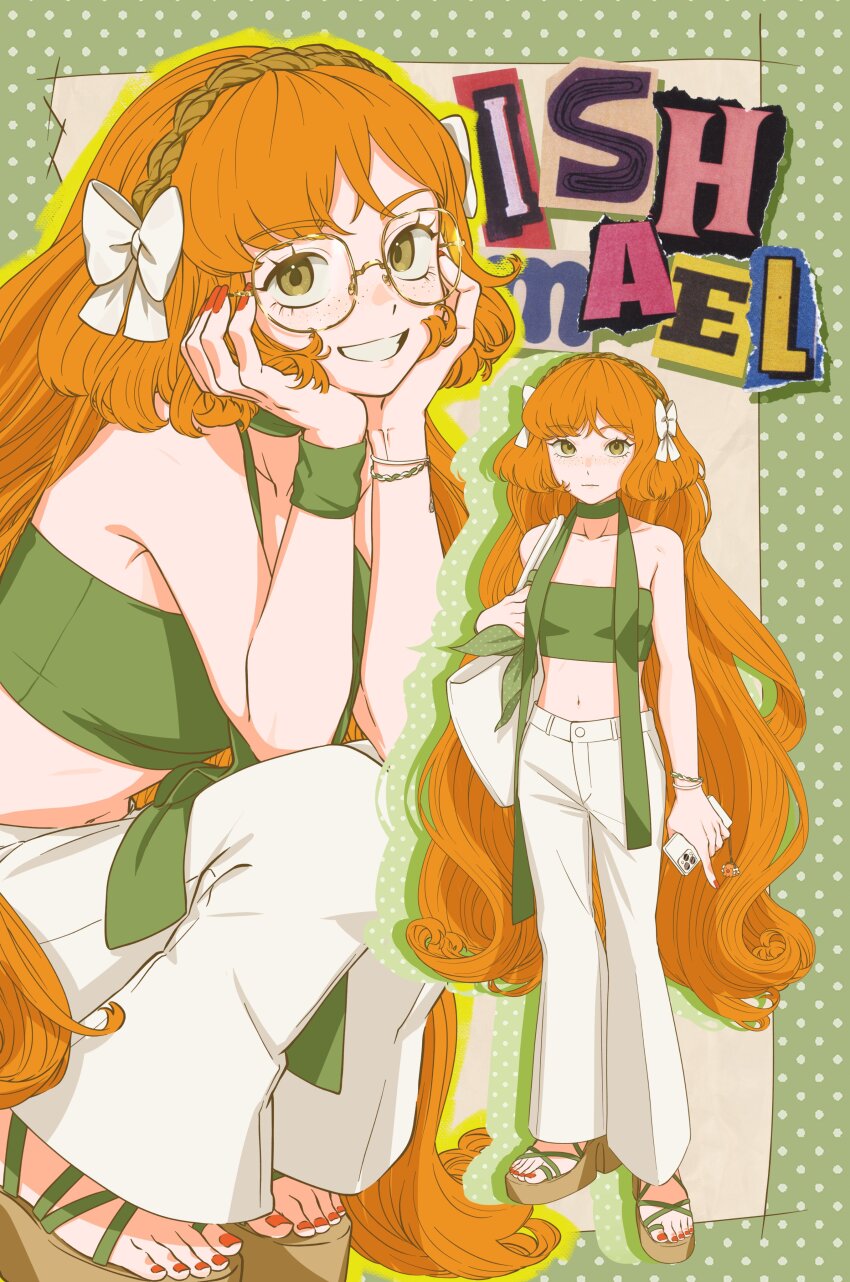 1girl, absurdres, alternate_costume, armband, border, bow, breasts, brown_hairband, choker, crop_top, freckles, full_body, glasses, green_armband, green_border, green_choker, green_eyes, green_ribbon, green_shirt, hair_bow, hairband, high_heel_sandals, high_heels, highres, ishmael_(project_moon), limbus_company, long_hair, looking_at_viewer, multiple_views, navel, negi_0002, orange_hair, pants, platform_sandals, project_moon, red_nails, ribbon, sandals, shirt, simple_background, small_breasts, solo, standing, very_long_hair, white_background, white_bow, white_pants