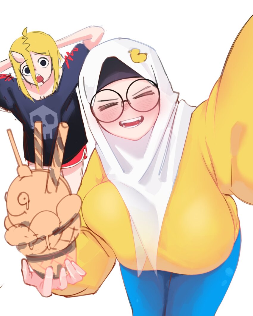 2girls, alv4febrian, ayuu_(alv4febrian), black_shirt, blonde_hair, blue_pants, breasts, closed_eyes