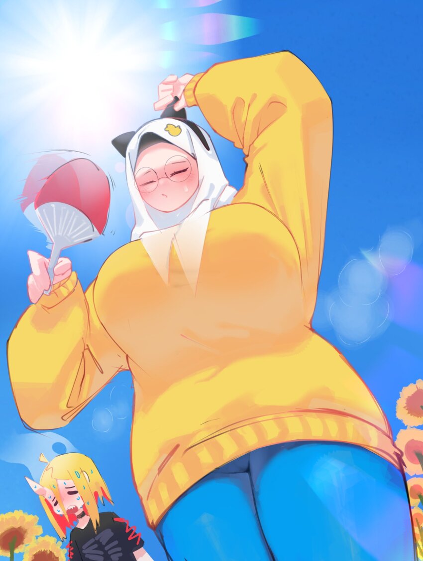 2girls, alv4febrian, animal_ear_hairband, animal_ears, ayuu_(alv4febrian), black_shirt, blonde_hair, blue_pants