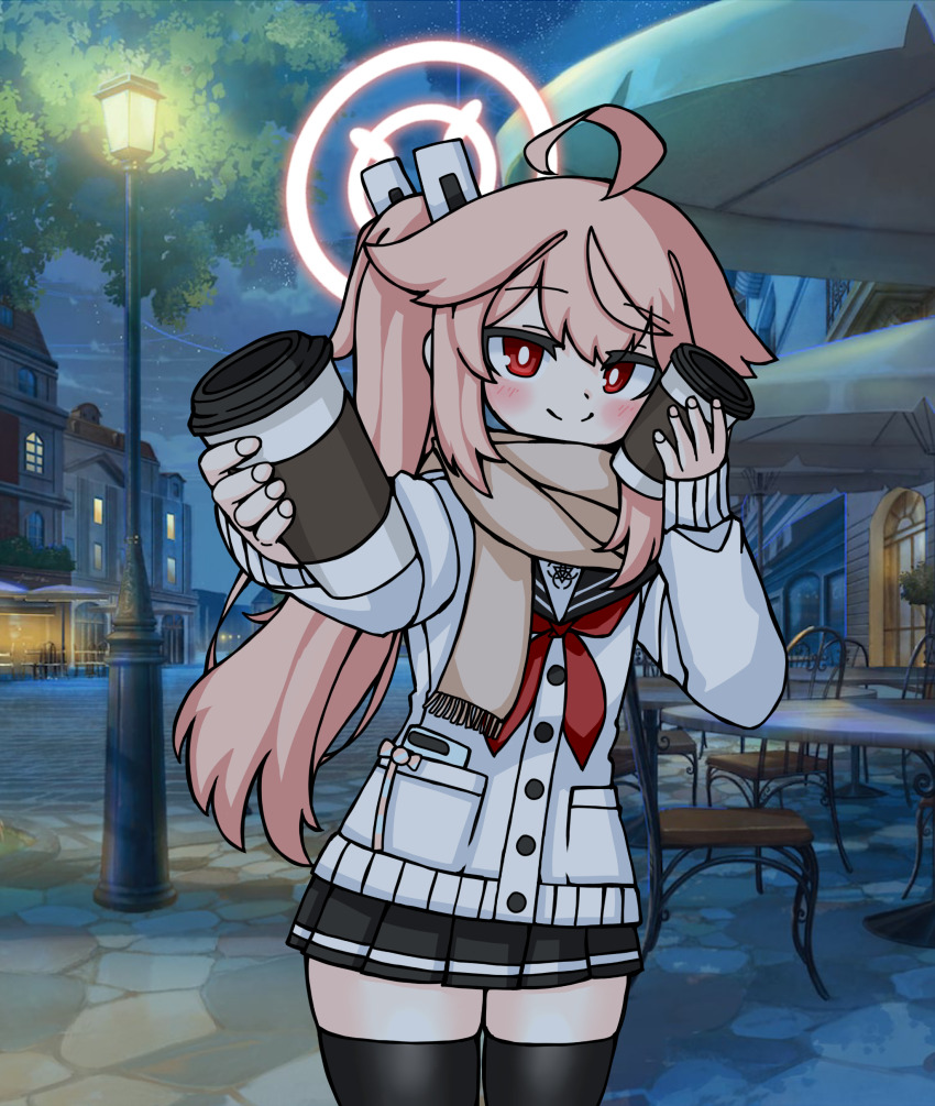 1girl, absurdres, black_thighhighs, blue_archive, brown_muffler, cup, grey_sailor_collar, grey_skirt, hair_between_eyes, halo, highres, holding, holding_cup, long_hair, looking_at_viewer, natsu_(blue_archive), neckerchief, pink_hair, pink_halo, red_eyes, red_neckerchief, ridanus59, sailor_collar, school_uniform, serafuku, shirt, side_ponytail, skirt, solo, thighhighs, thighs, white_shirt