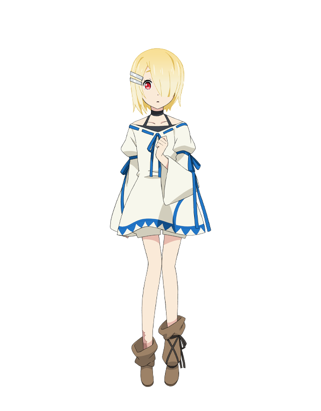 1girl, :o, aku_(maou-sama_retry!), anime_coloring, blonde_hair, blue_ribbon, boots, breasts, brown_boots, clenched_hand, collarbone, dress, full_body, hair_ornament, hair_over_one_eye, hairclip, hand_on_own_chest, long_sleeves, looking_at_viewer, maou-sama_retry!, nakayama_chiyo, official_art, open_mouth, red_eyes, ribbon, short_hair, simple_background, solo, standing, transparent_background, wide_sleeves