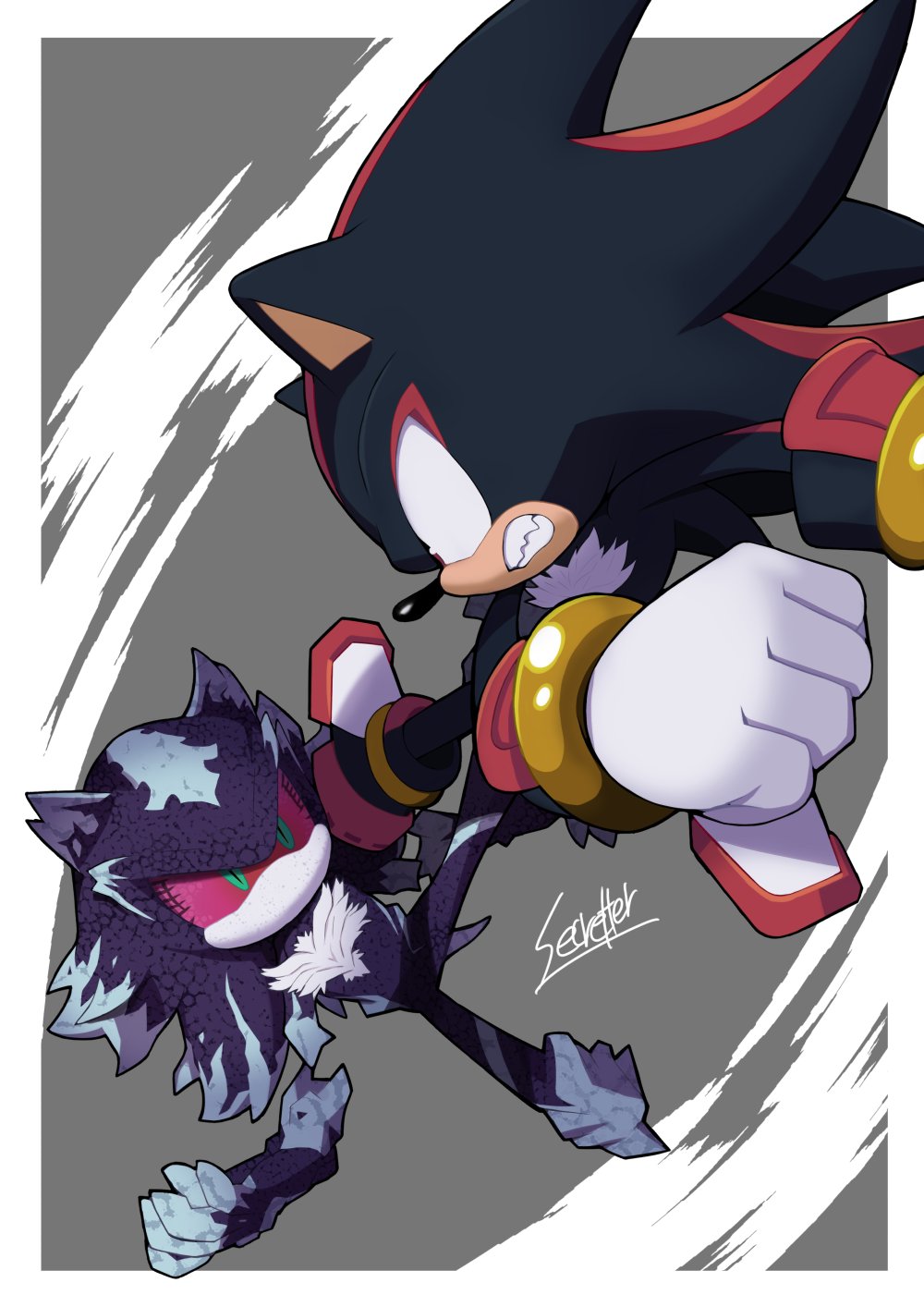 2boys, clenched_teeth, colored_sclera, furry, furry_male, gloves, green_eyes, grey_background