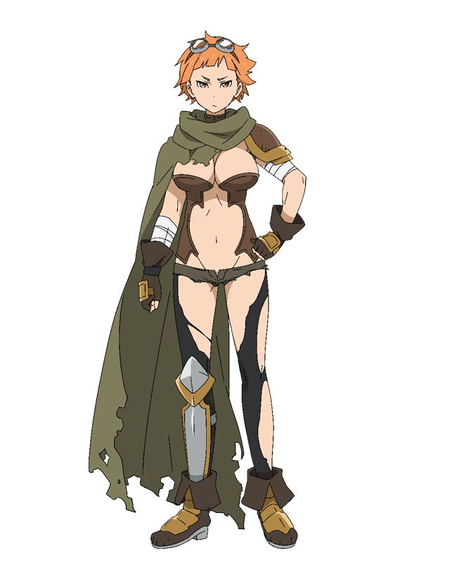 1girl, anime_coloring, armor, bandaged_arm, bandages, bikini_armor, black_thighhighs, boots, breasts, brown_boots, brown_eyes, brown_gloves, brown_hair, cleavage, cloak, closed_mouth, full_body, gloves, goggles, goggles_on_head, green_cloak, hand_on_own_hip, large_breasts, looking_at_viewer, maou-sama_retry!, mikan_(maou-sama_retry!), nakayama_chiyo, navel, official_art, short_hair, simple_background, solo, standing, thighhighs, torn_clothes, torn_thighhighs, transparent_background, v-shaped_eyebrows