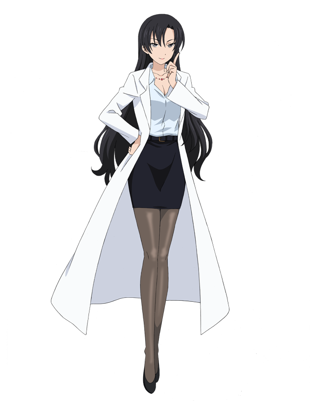 1girl, anime_coloring, belt, black_belt, black_hair, black_skirt, breasts, cleavage, coat, collarbone, collared_shirt, full_body, hair_between_eyes, hand_on_own_hip, high_heels, index_finger_raised, kirino_yu, large_breasts, lips, long_coat, long_hair, looking_at_viewer, maou-sama_retry!, nakayama_chiyo, official_art, pantyhose, pencil_skirt, shirt, simple_background, skirt, smile, solo, standing, transparent_background, v-shaped_eyebrows, white_coat, white_shirt