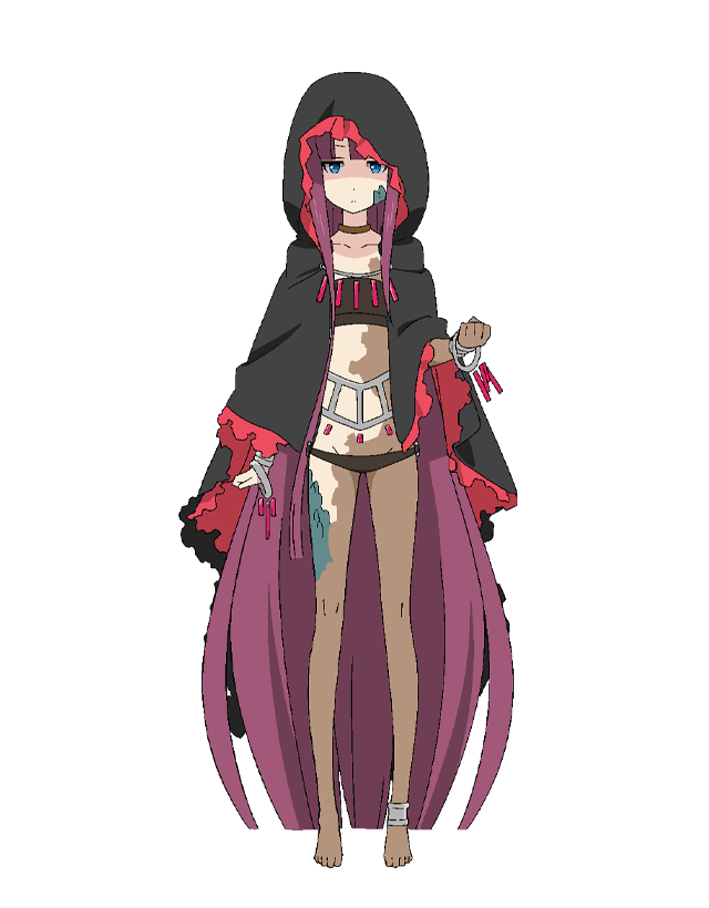 1girl, anime_coloring, bandaged_arm, bandages, barefoot, black_cloak, black_pants, blue_eyes