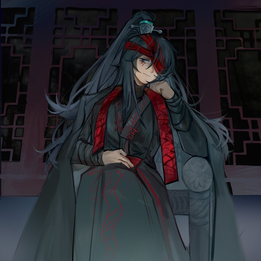 1boy, bandage_over_one_eye, black_eyes, black_hair, black_hanfu, chinese_clothes, hongyuan_(identity)_(project_moon), hanfu